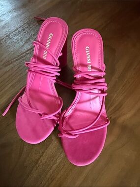 Gianni Bini Hot Pink Wrap-Strap Block Heel Sandals